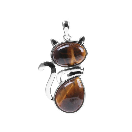 Cat-shaped pendant with tiger eye stones on a white background