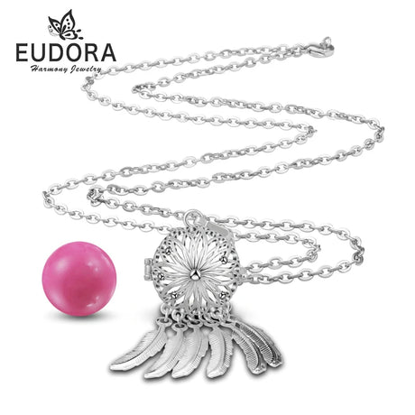 Silver necklace with pink pendant on a white background, featuring the Eudora brand.