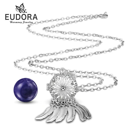 Silver necklace with a purple gemstone pendant on a white background, featuring the Eudora brand.