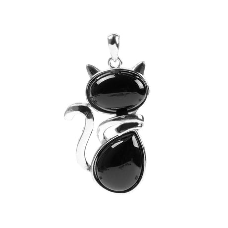 Black cat-shaped pendant with silver accents on a white background