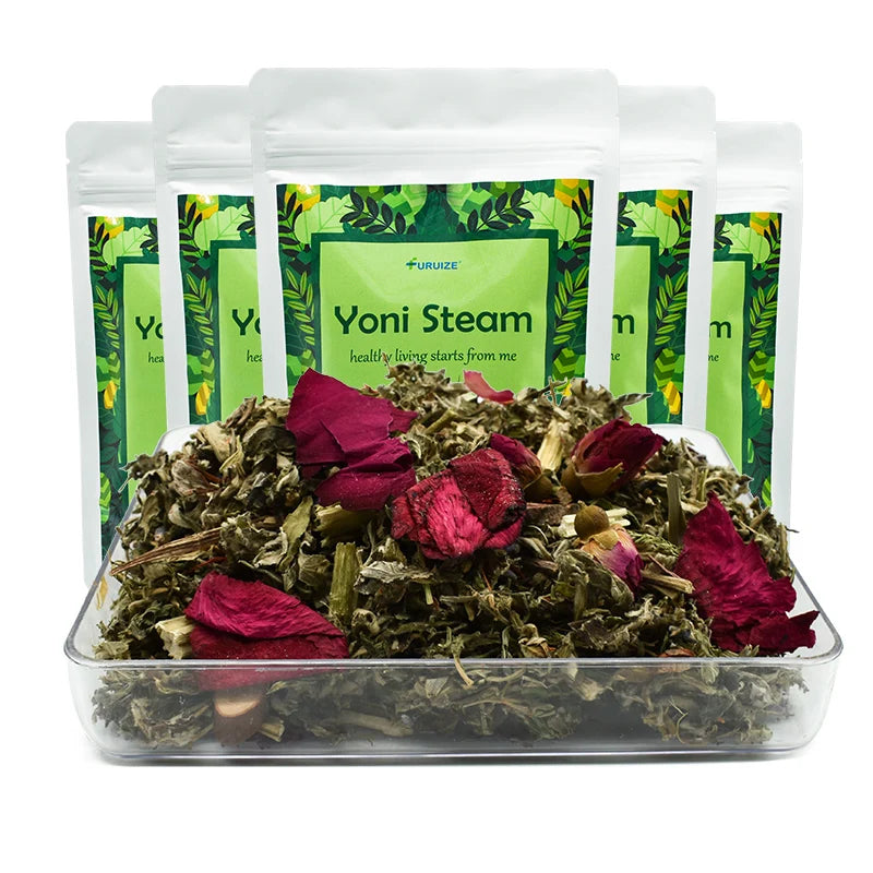 Yoni Steam herbal mixture with red flowers in a clear container, surrounded by green packets.