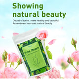 Yoni Steam package with pink roses and green leaves on a light blue background