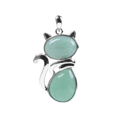 Cat-shaped pendant with green gemstones on a white background