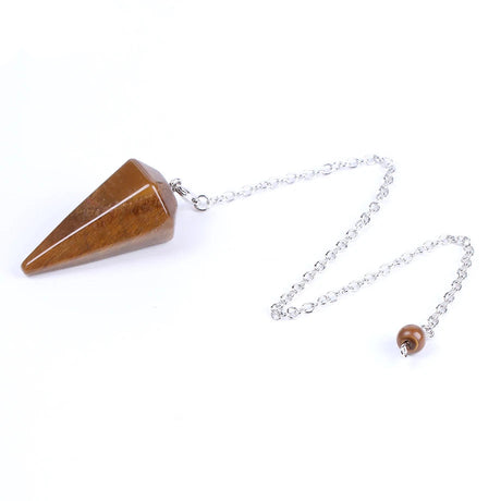 Brown pendulum on a silver chain with a white background