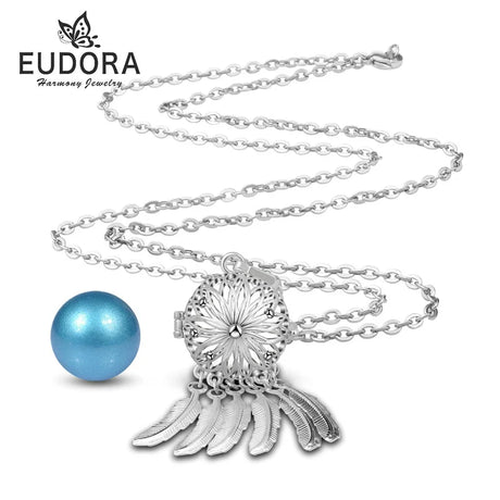 Silver necklace with blue pearl pendant on a white background, featuring the Eudora brand.