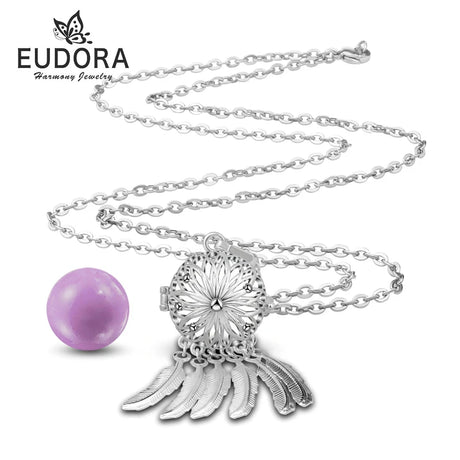 Silver necklace with a purple pendant on a white background, featuring the Eudora brand.