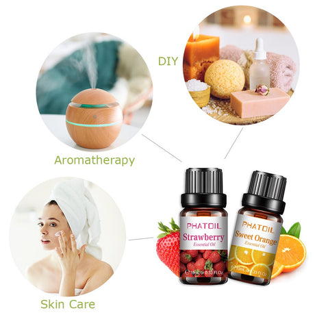 Collage of aromatherapy, DIY, and skin care products with PhatOil essential oils.