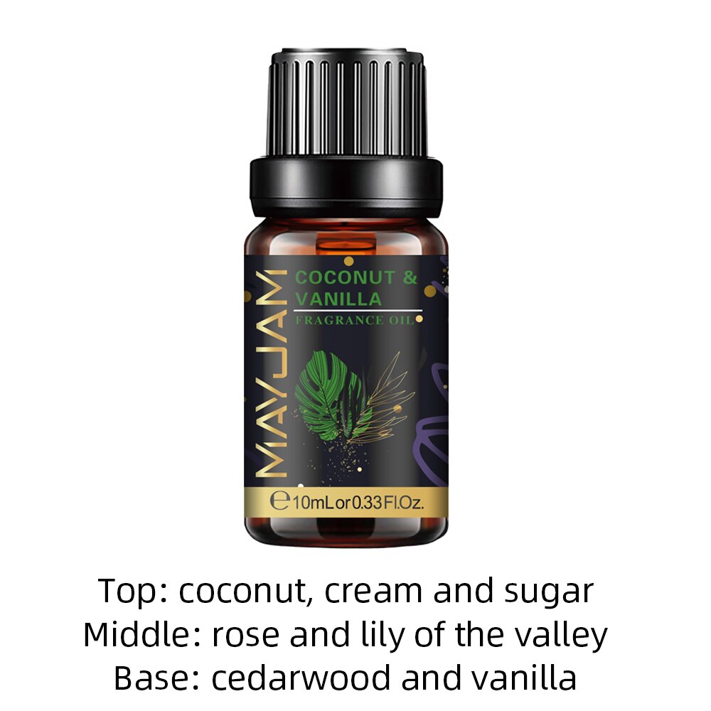 Bottle of Mayliam coconut and vanilla fragrance oil on a white background