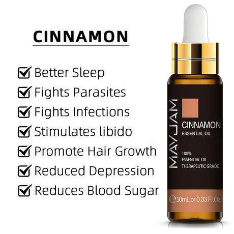 MayuJam Cinnamon Essential Oil bottle with listed benefits on a white background