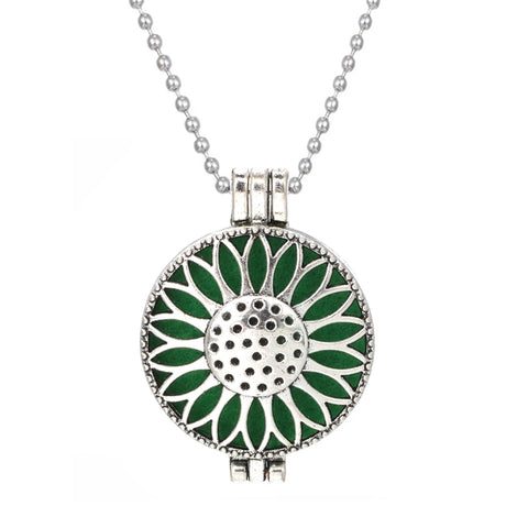 Necklace with a green sunflower pendant on a white background