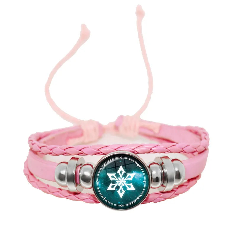 Pink braided bracelet with a silver and teal charm on a white background