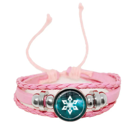 Pink braided bracelet with a silver and teal charm on a white background