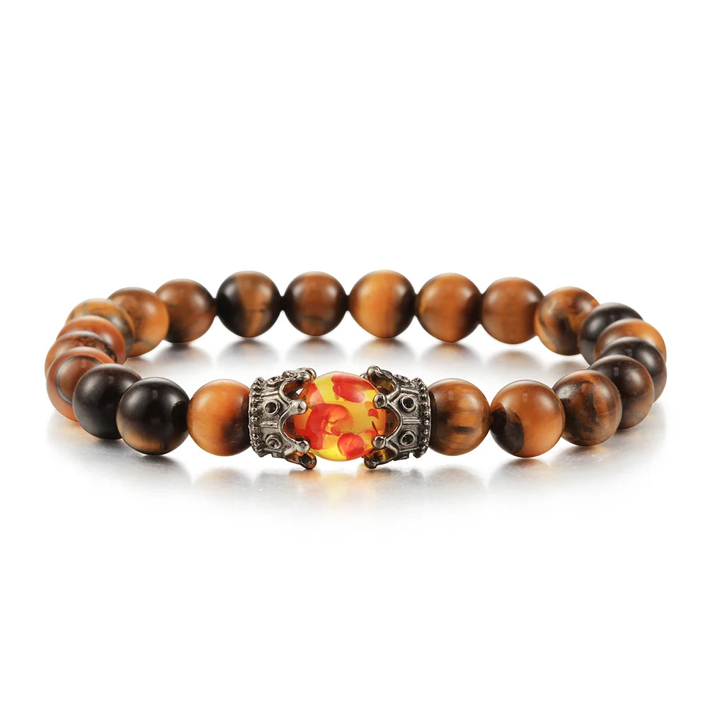 Wooden beaded bracelet with a decorative clasp on a white background