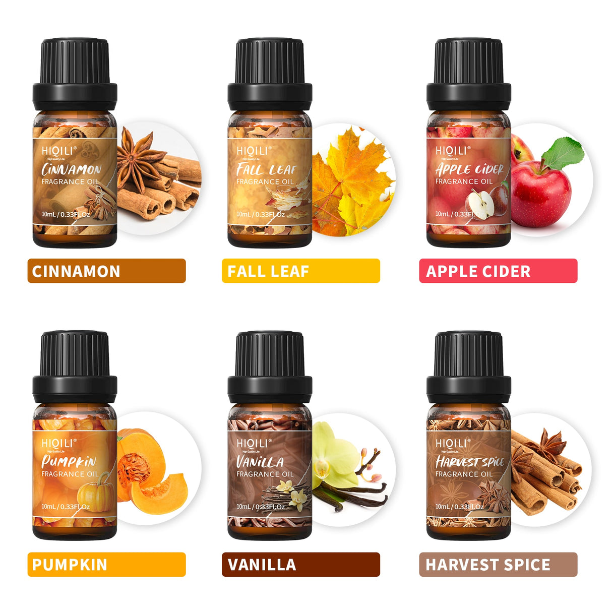 Collection of essential oil bottles with labels for different scents on a white background