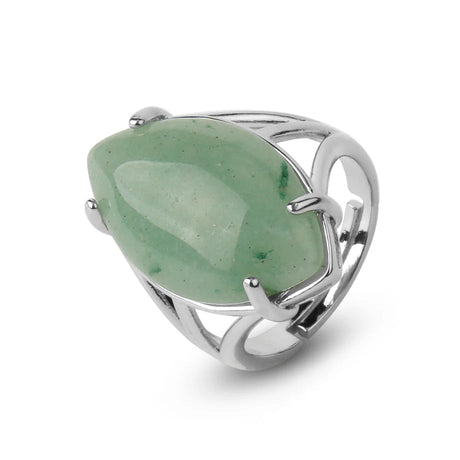 Silver ring with a green gemstone on a white background