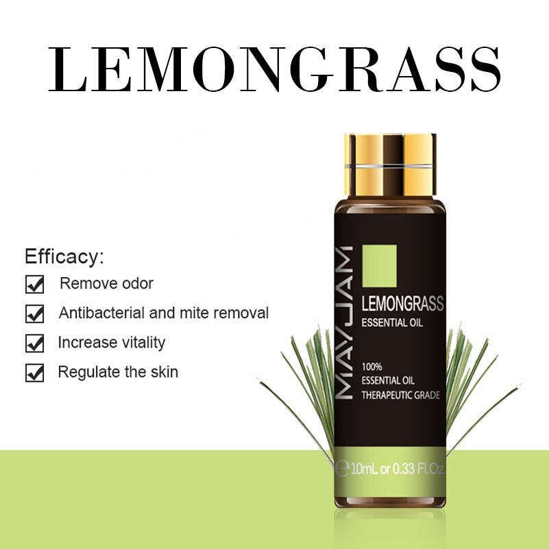 Mayuam Lemongrass essential oil bottle with listed benefits on a white background