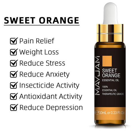 Mayu Jam Sweet Orange essential oil bottle with listed benefits on a white background