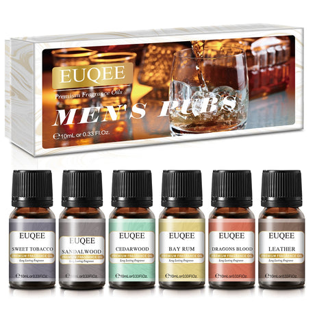 Set of EUQEE men's fragrance oils with a box in the background