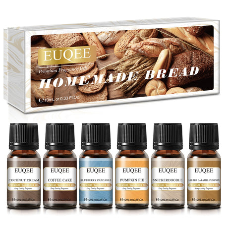 EUQEE fragrance oil set with packaging labeled 'Homemade Bread'.