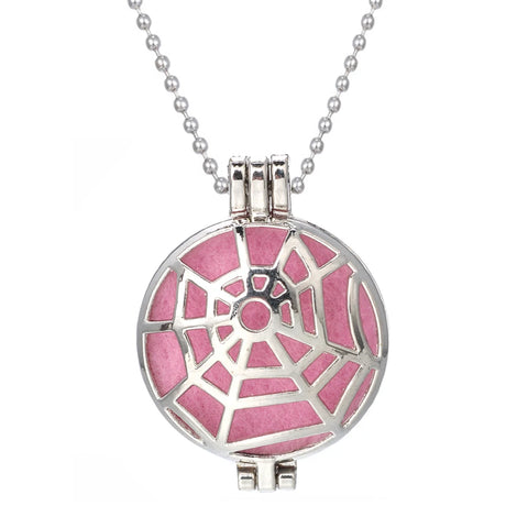 Necklace with a pink spider web design pendant on a white background