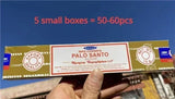 Hand holding a box of Palo Santo incense with text indicating quantity on a blue background