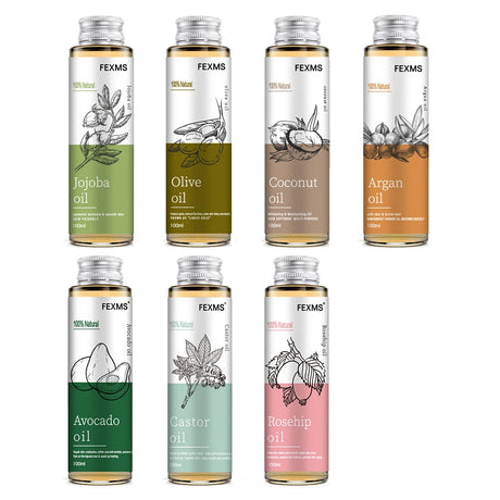 Set of FEXMS oil bottles with various oils on a white background