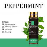 MaxJam Peppermint essential oil bottle with green leaves on a white background