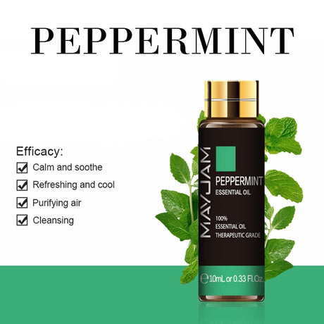 MaxJam Peppermint essential oil bottle with green leaves on a white background