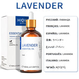 Lavender essential oil bottle with dropper and packaging on a white background