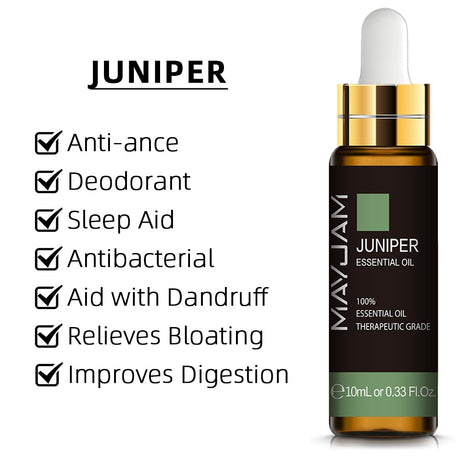 Mayuam Juniper essential oil bottle with listed benefits on a white background