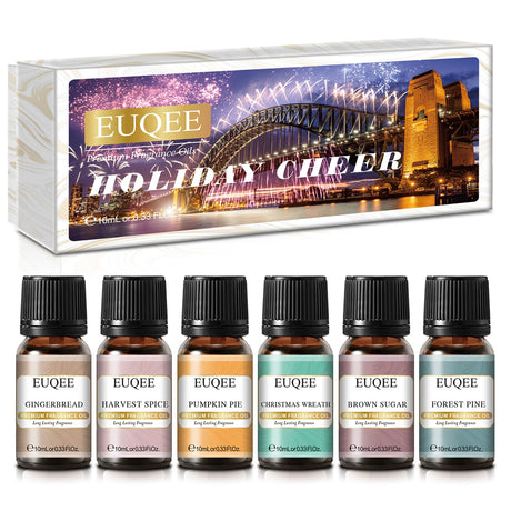 EUQEE essential oil set with a scenic bridge background
