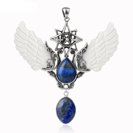 Pendant with wings and blue stones on a white background