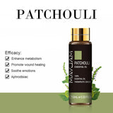 Patchouli essential oil bottle with listed benefits on a white background