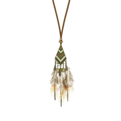 Necklace with feather pendant on a white background