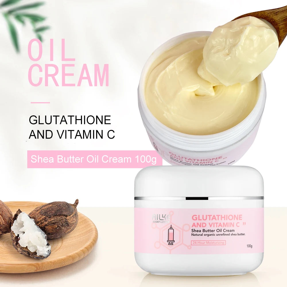 Shea butter oil cream with a wooden spoon, shea butter nuts, and a white container on a light background.