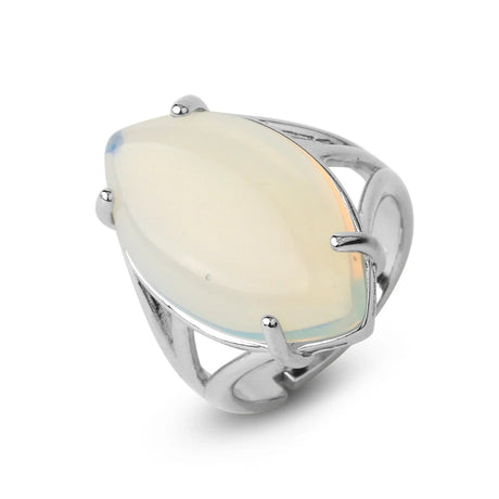 Silver ring with a large, teardrop-shaped stone on a white background