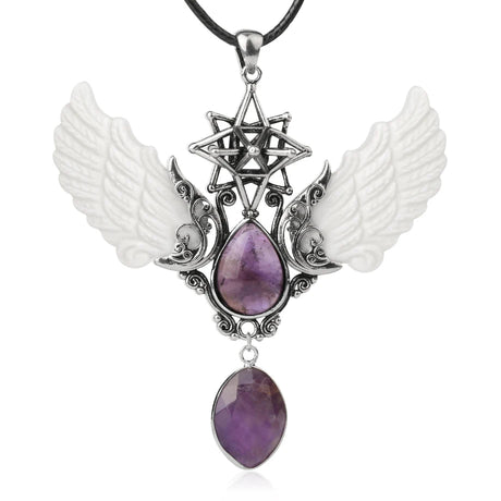 Necklace with angel wings and purple stones on a white background