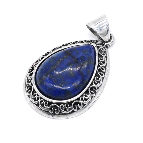 Silver pendant with a blue stone on a white background