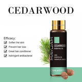 Mayu Jami Cedarwood essential oil bottle with product features on a white background
