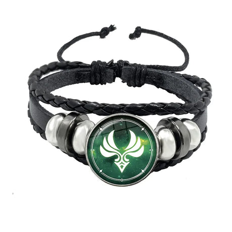Black braided leather bracelet with a green and silver emblem on a white background
