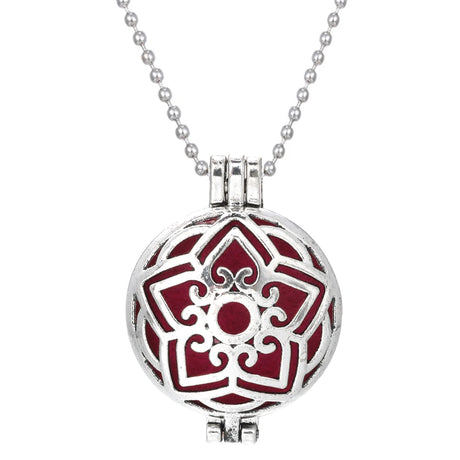 Necklace with a red and silver pendant on a white background
