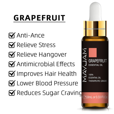Grapefruit essential oil dropper bottle with listed benefits on a white background