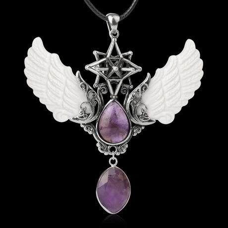 Necklace with angel wings and purple stones on a black background