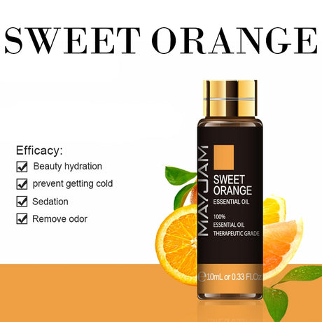 MayuJam Sweet Orange essential oil bottle with orange slices and leaves on a white background