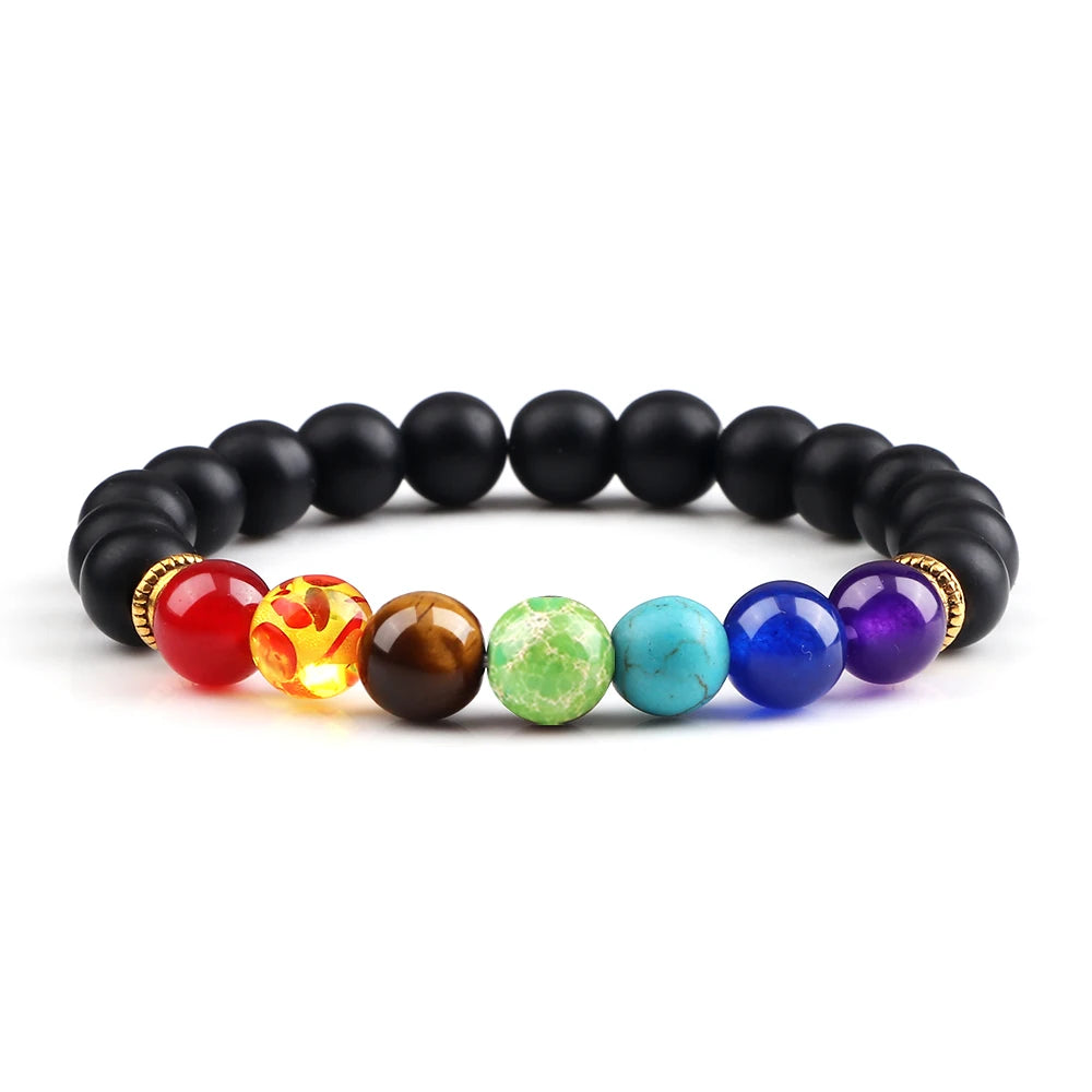 Black beaded bracelet with colorful beads on a white background