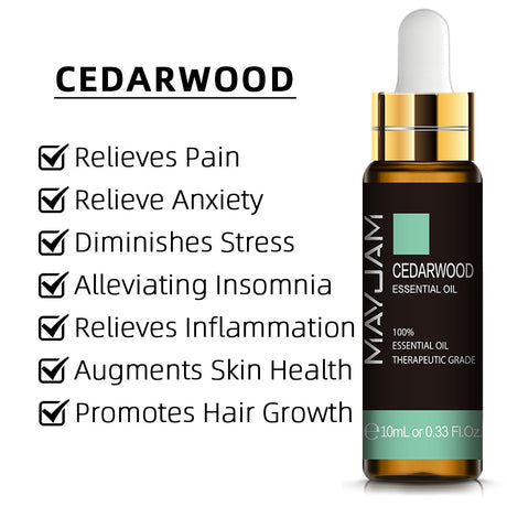 Mayuam Cedarwood essential oil bottle with listed benefits on a white background
