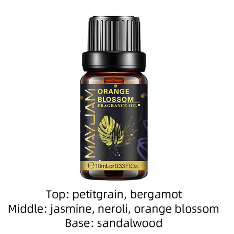 Orange blossom fragrance oil bottle with label on a white background