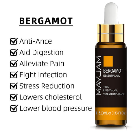 Bergamot essential oil bottle with listed benefits on a white background