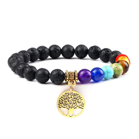 Black beaded bracelet with colorful beads and a gold tree of life charm on a white background