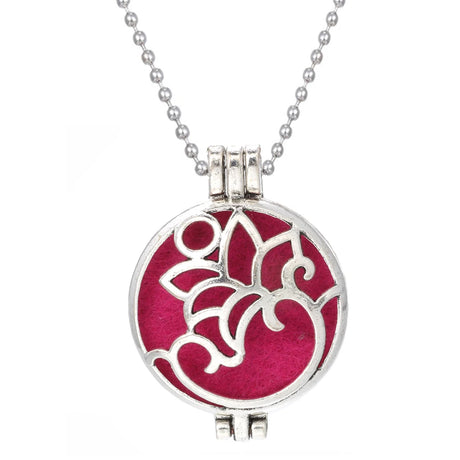 Necklace with a red and silver pendant on a white background